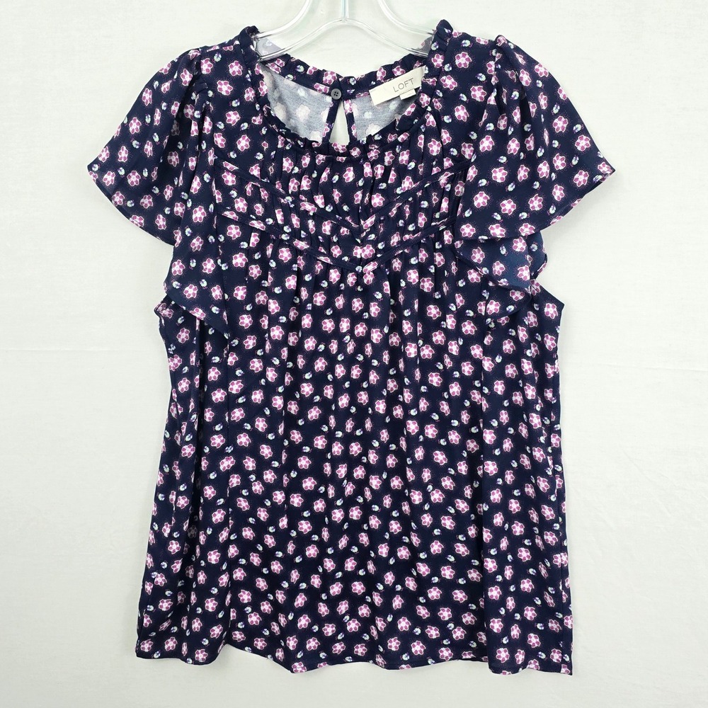 LOFT Ruffle Neckline Floral Print Button Closure Women Shirt Blue Multcolor M